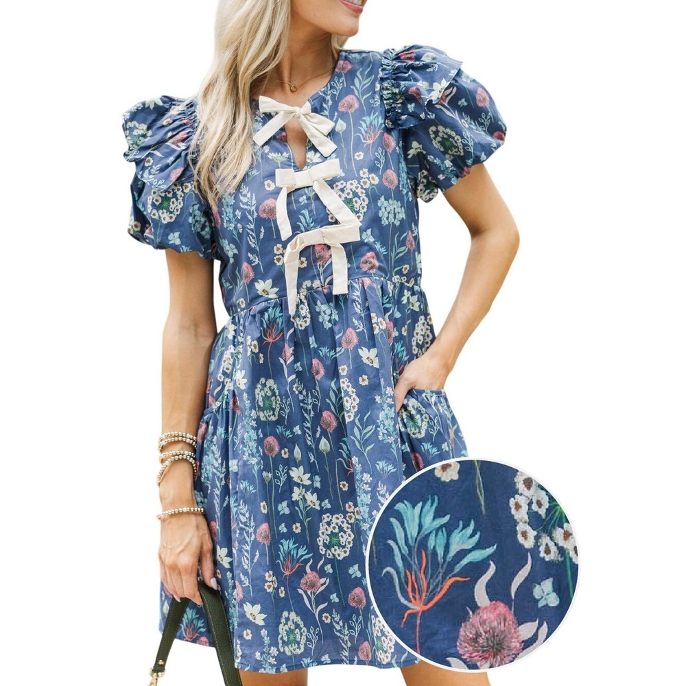 New Shop The Mint Blue Floral Bow Puff Sleeve Babydoll Mini Dress Pockets‎ Large